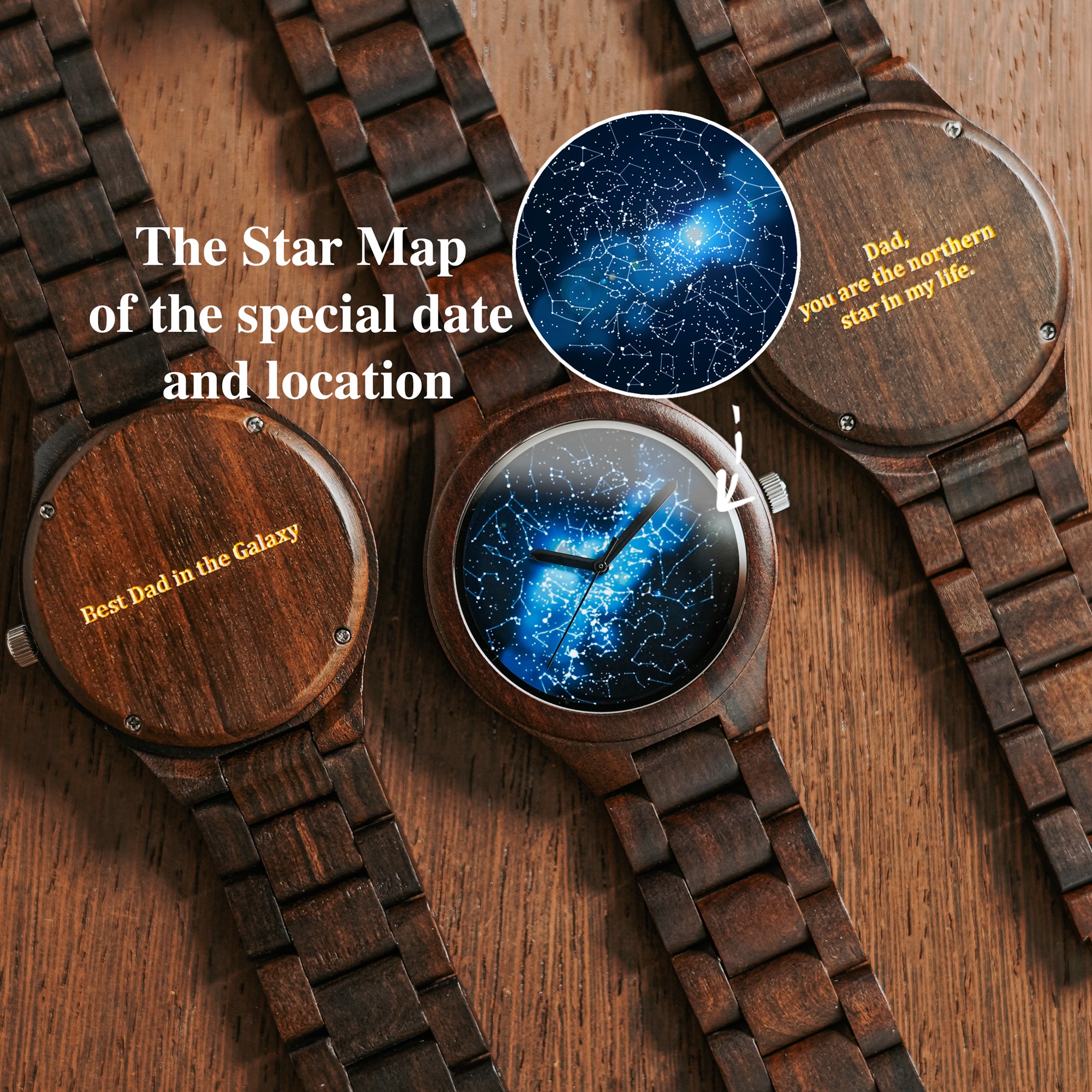 45mm Blue and Brown Personalized Night Sky Map Wood Watch