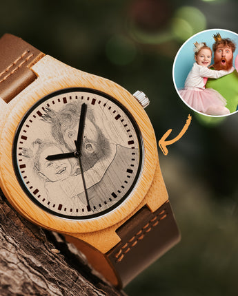 Mountain Born Custom Bamboo Sketch Watch, Leather Strap