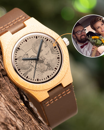 Mountain Born Custom Bamboo Sketch Watch, Leather Strap