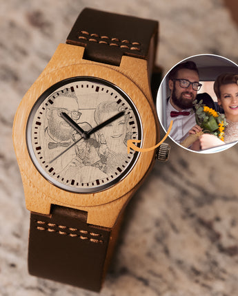 Mountain Born Custom Bamboo Sketch Watch, Leather Strap