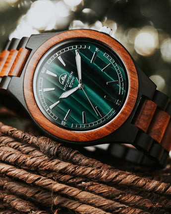 45mm Personalized Ebony and Rosewood Green Malachite Wood Watch For Men