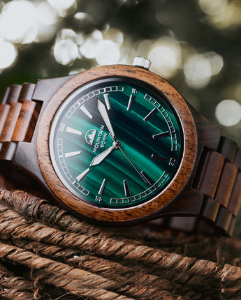 45mm Personalized Ebony and Walnut Green Malachite Wood Watch For Men