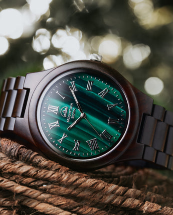 45mm Personalized Ebony Green Malachite Wood Watch For Men