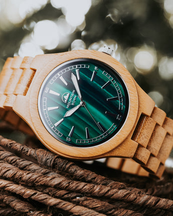 45mm Personalized Bamboo Malachite Pattern Wood Watch For Men