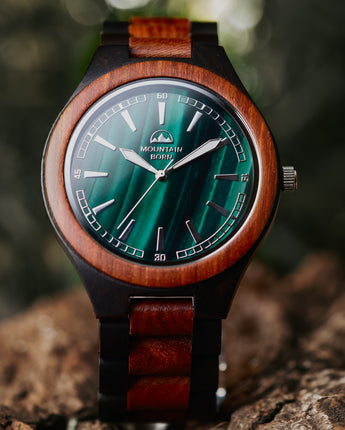 45mm Personalized Ebony and Rosewood Green Malachite Wood Watch For Men