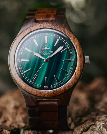 45mm Personalized Ebony and Walnut Green Malachite Wood Watch For Men