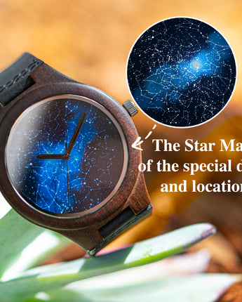 45mm Blue and Brown Personalized Night Sky Map Leather Watch