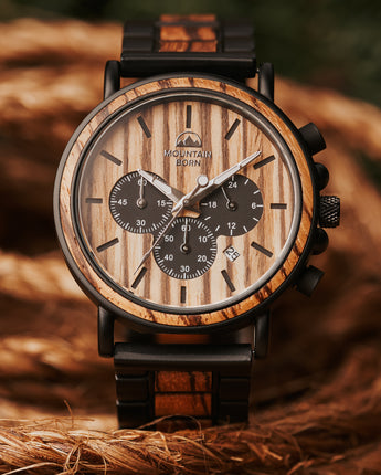 Zebrawood and Black Stainless Steel Chronograph Watch