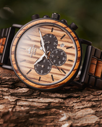 Zebrawood and Black Stainless Steel Chronograph Watch