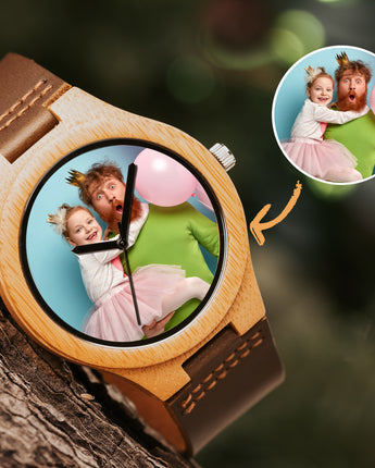 Mountain Born Customized Wood Photo Watch For Men, Bamboo