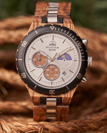 Mountain Born Zebrawood and Silver Sunray Dial Chronograph Watch