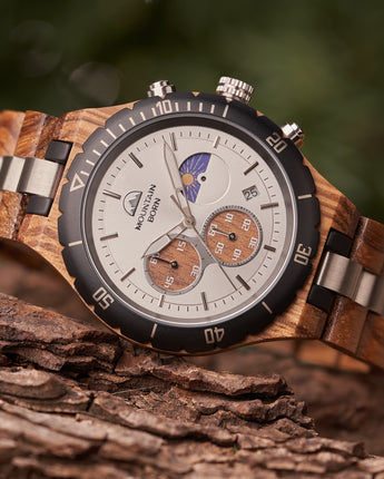 Mountain Born Zebrawood and Silver Sunray Dial Chronograph Watch