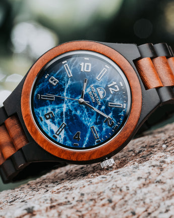 Mountain Born Personalized Ebony and Rosewood Wood Watch For Men, Blue Marble DialMountain Born Personalized Ebony and Rosewood Wood Watch For Men, Blue Marble Dial