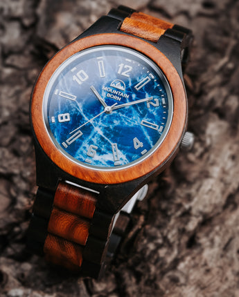 Mountain Born Personalized Ebony and Rosewood Wood Watch For Men, Blue Marble Dial