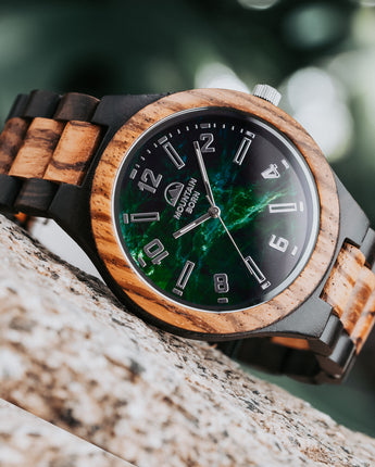 Mountain Born Personalized Ebony and Zebrawood Wood Watch For Men, Green Marble Dial