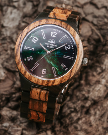 Mountain Born Personalized Ebony and Zebrawood Wood Watch For Men, Green Marble Dial