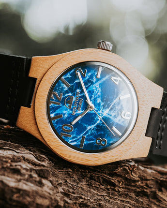 40mm Bamboo Wood Blue Marble Groomsmen Men Watch