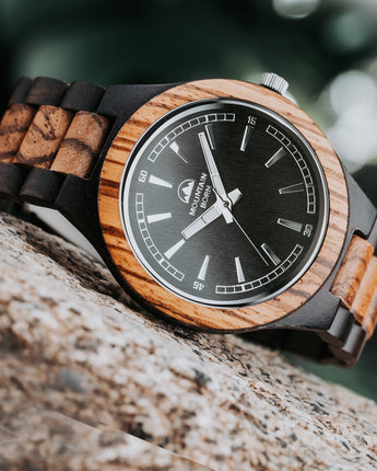 Mountain Born Personalized Ebony and Zebrawood Wood Watch For Men