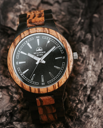 Mountain Born Personalized Ebony and Zebrawood Wood Watch For Men