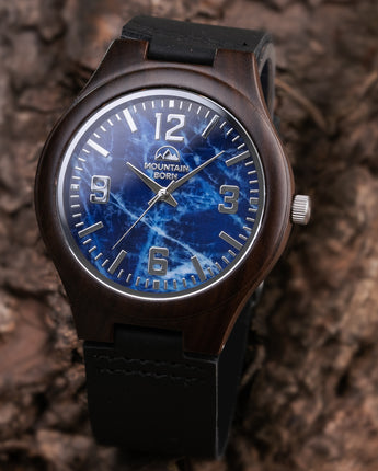 Mountain Born Personalized Ebony Wood Watch For Men, Blue Marble