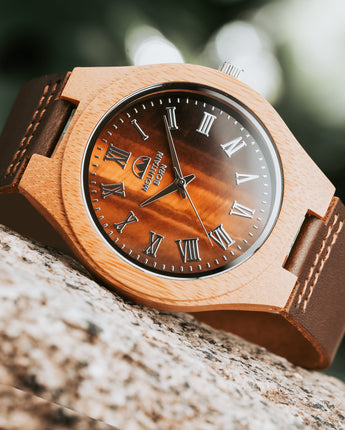 Mountain Born Personalized Bamboo Wood Watch For Men, Tiger's Eye Dial