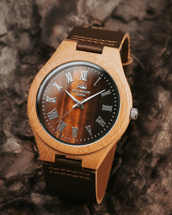 Mountain Born Personalized Bamboo Wood Watch For Men, Tiger's Eye Dial