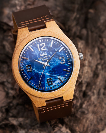 Mountain Born Personalized Bamboo Wood Watch For Men, Blue Marble