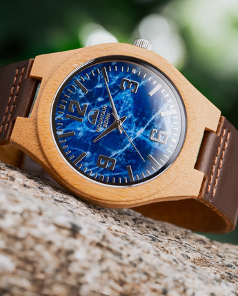 Mountain Born Personalized Bamboo Wood Watch For Men, Blue Marble