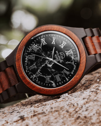 Mountain Born Personalized Ebony and Rosewood Wood Watch For Men, Black Marble Dial