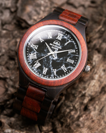 Mountain Born Personalized Ebony and Rosewood Wood Watch For Men, Black Marble Dial