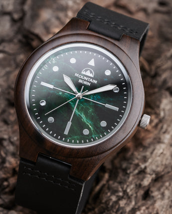 Mountain Born Personalized Ebony Wood Watch For Men, Green Marble Dial