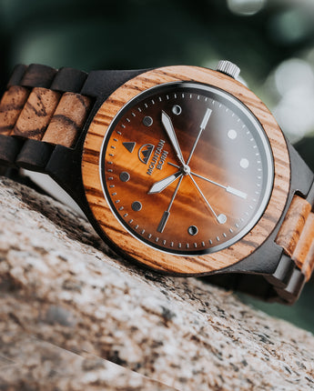 Mountain Born Personalized Ebony and Zebrawood Wood Watch For Men, Tiger's Eye Dial