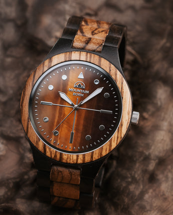 Mountain Born Personalized Ebony and Zebrawood Wood Watch For Men, Tiger's Eye Dial