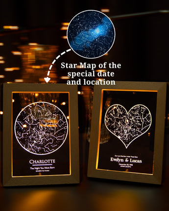 Wooden Framed Heart & Circle Constellation Star Map Night Light