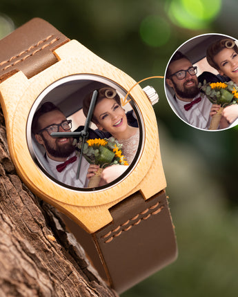 Mountain Born Customized Wood Photo Watch For Men, Bamboo