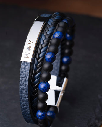 Personalized Blue Multi-Layered Mens Leather Bracelet