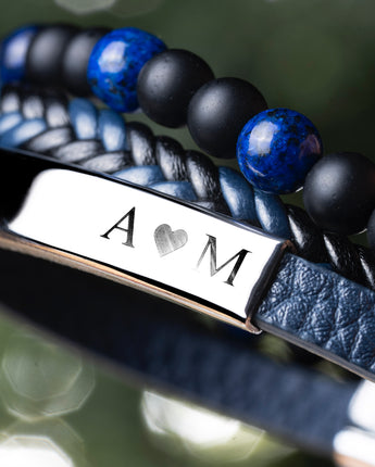 Personalized Blue Multi-Layered Mens Leather Bracelet