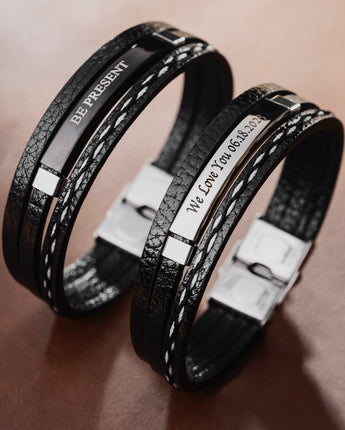 Engraved Bar Mens Leather Bracelet