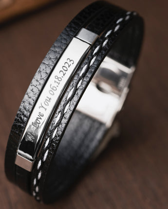 Engraved Bar Mens Leather Bracelet