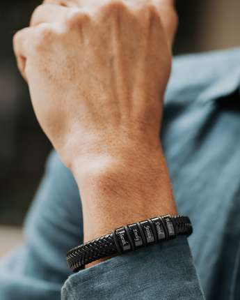 Black Name Plates Leather Woven Bracelet