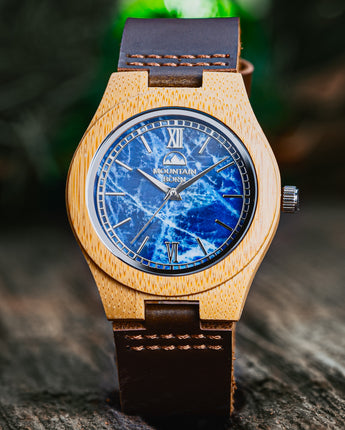 40mm Bamboo Blue Marble Wood Watch